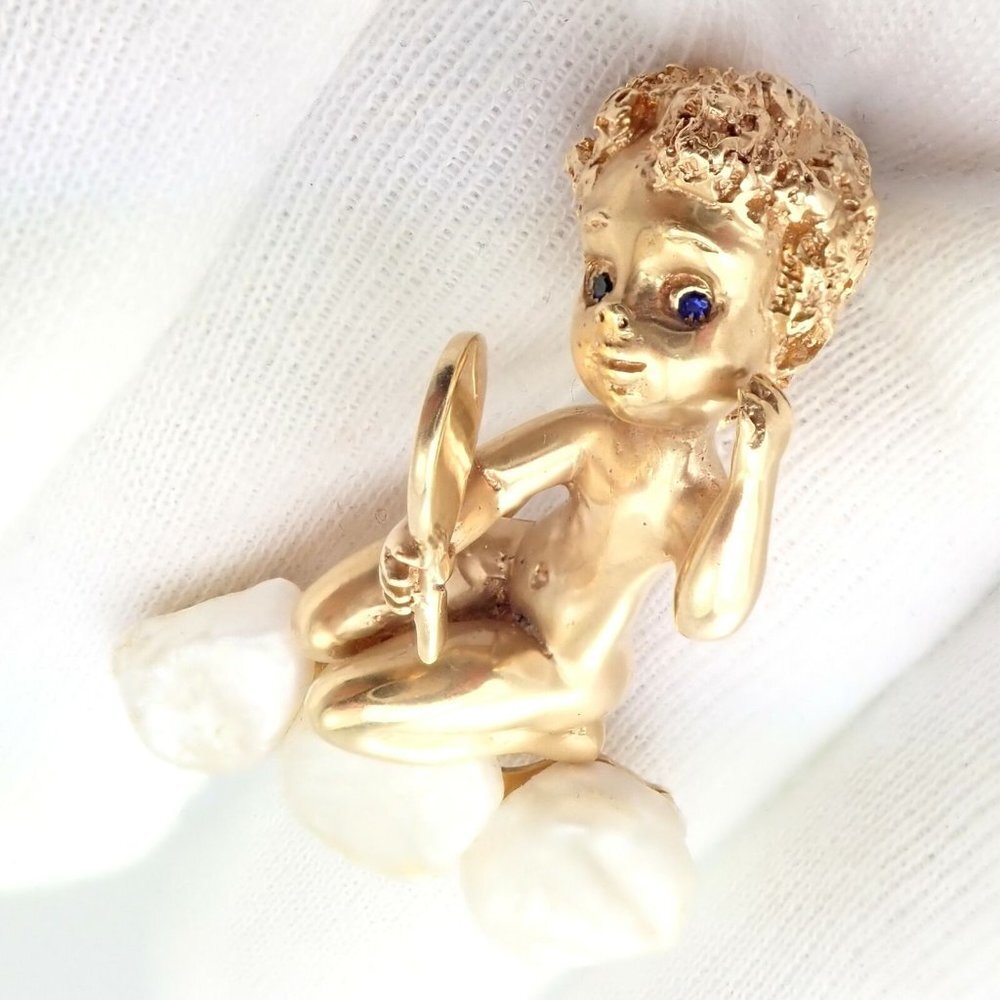 Rare Large Ruser 14k Yellow Gold Sapphire Pearl Mondays Child Pin Brooch - Picture 7 of 11